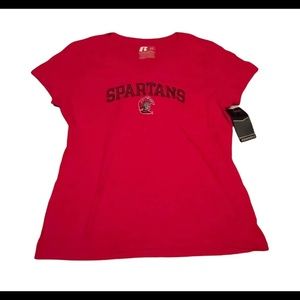 Russell Athletic Spartans Red Tshirt size Large (12-14) Vneck shirt top